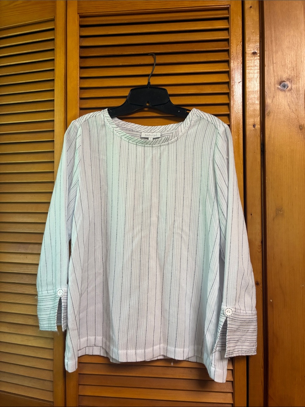 Habitat White and Light Blue Striped Tunic Blouse length 22”pit to pit 20”
